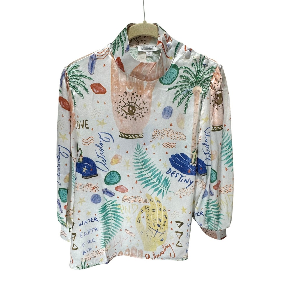 Zibi‎ London Blouse Women 12 White Astrology Palmistry Print High Neck Mystical